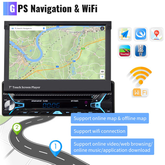 2GB+32GB Android car stereo 1 Din with GPS navigation DVD CD 7 inch Automatic retractable touchscreen DVD car stereo with Bluetooth Mirror Link AM/FM Radio WiFi/USB/AUX/EQ/DAB Radio with rear camera microphone