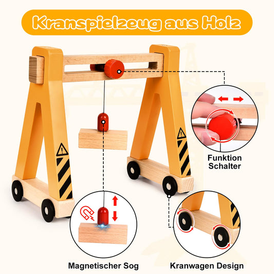 BuzzoXerex Construction Vehicles Children's Wooden Toy, Construction Vehicles Magnetic with Portal Crane, Excavator, Crane Truck, Dump Truck - Gift for 3+ Years