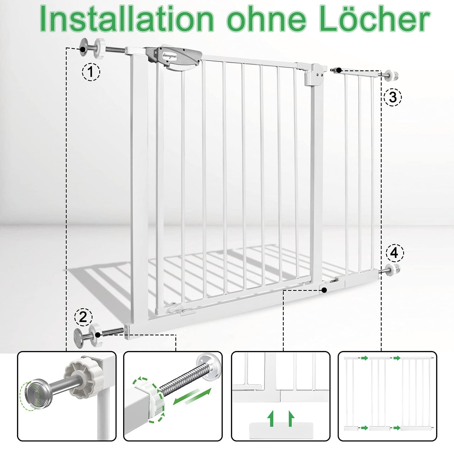 XMTECH door guard gate without drilling stair gate for children 95-105cm wide, auto-close baby door gate stair barrier with pressure mounting, safety gate, 180° two-way opening white.