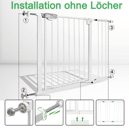 XMTECH door guard gate without drilling stair gate for children 95-105cm wide, auto-close baby door gate stair barrier with pressure mounting, safety gate, 180° two-way opening white.