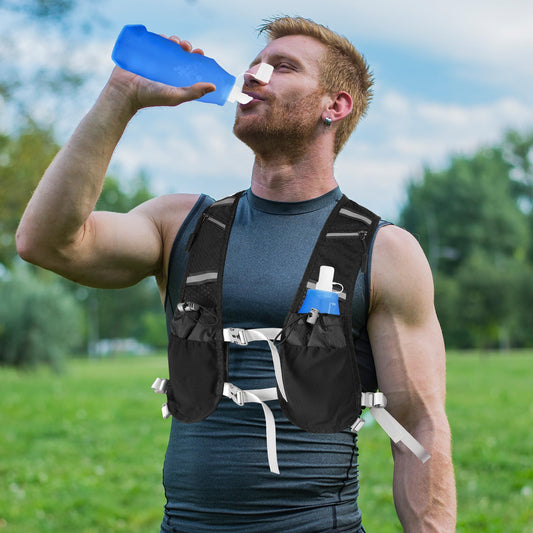 Running vest for women and men. Reflective hydration pack with 2 x 500 ML, adjustable chest straps, soft water bottles, front and back zipper backpack for cycling, hiking, running, outdoor activities.