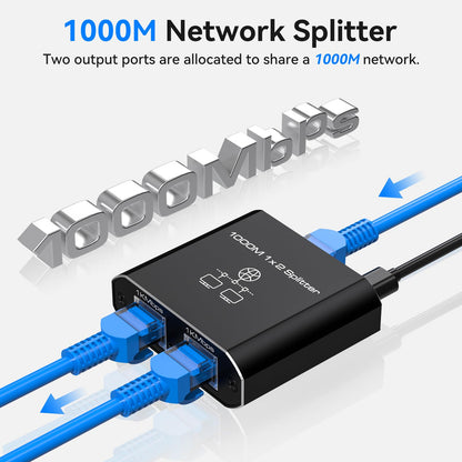 VEDINDUST LAN Splitter 1 to 2 1000Mbps Ethernet Splitter 2 Port With Type-C Power Cable Gigabit Switch for Computer, Hub, Router, Set-Top Box, Digital TV, etc.