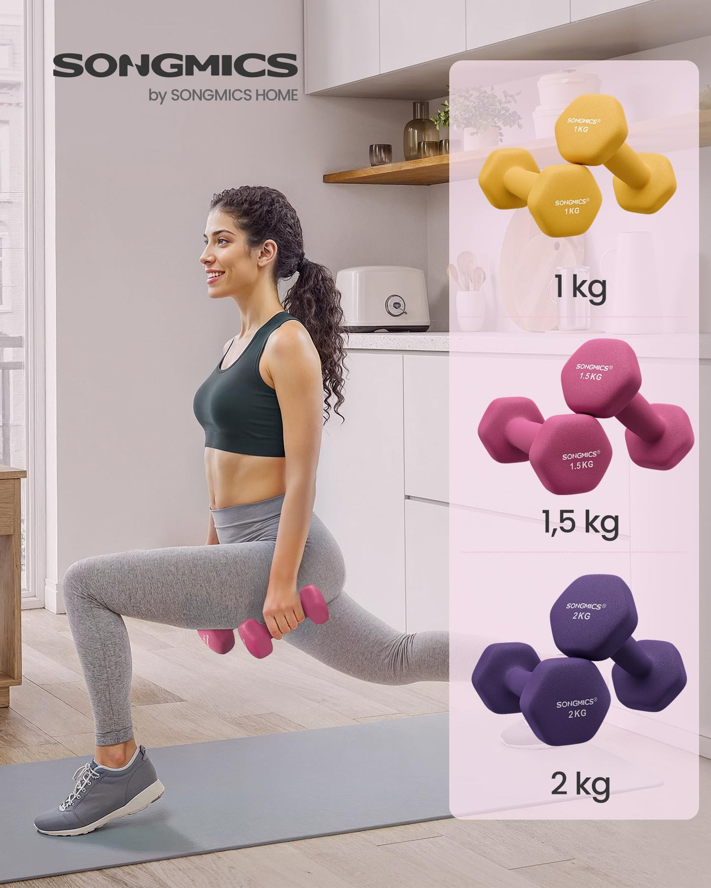 SONGMICS Dumbbell Set, Hexagon, with Dumbbell Stand, 2 x 1 kg, 2 x 1.5 kg, 2 x 2 kg, matte finish, Neoprene coating, strength training, at home, lime green, yellow, pink, and purple SYL609B02