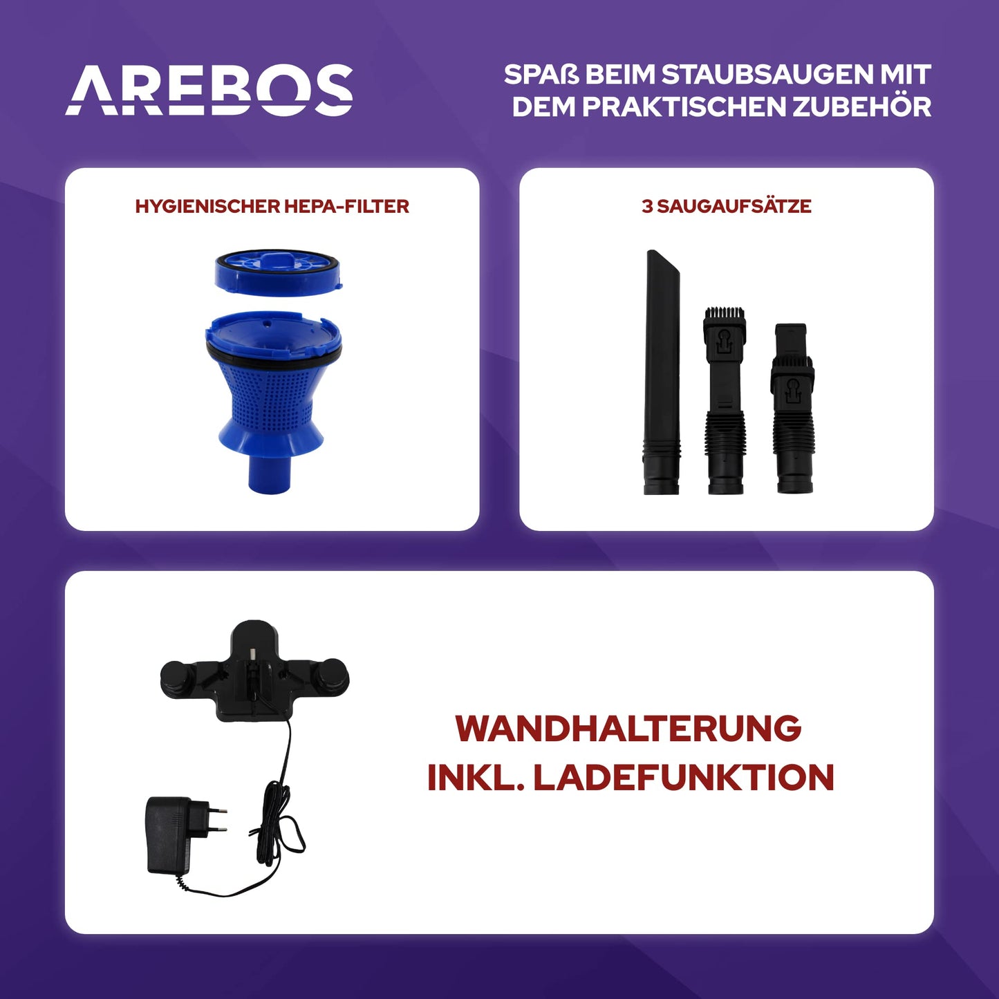 Arebos cordless handheld vacuum | 2-in-1 hand and floor vacuum | 2 powerful suction modes | Bagless | Up to 55 minutes cordless | with wall charging station | Blue