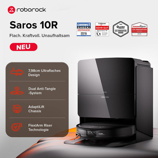 Roborock Saros 10R robotic vacuum cleaner with mopping function and customizable mop, 7.98cm Ultra-Slim Design, StarSight System 2.0, Zero-Tangle System
