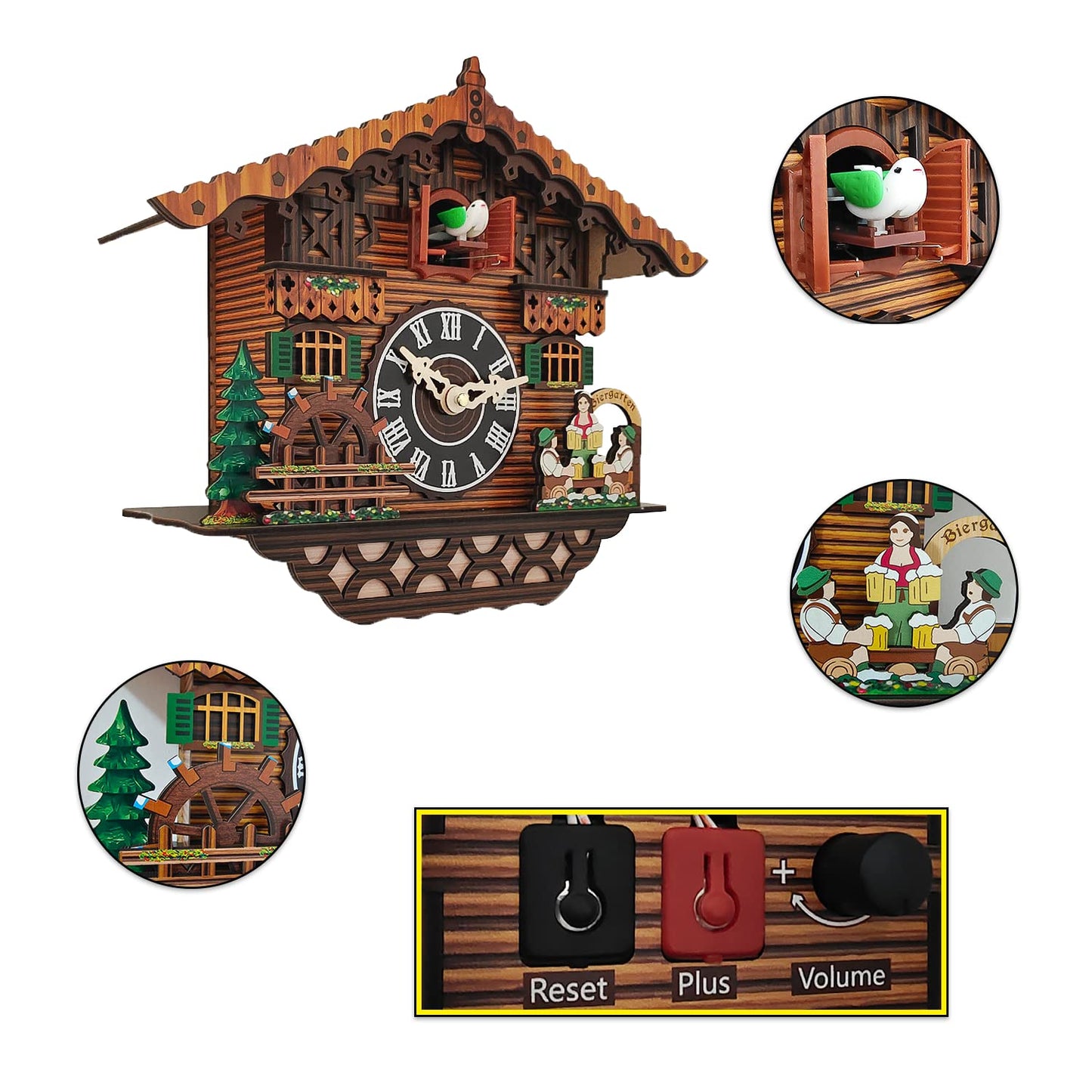 PIAOPIAO Cuckoo Clock, Black Forest Cuckoo Clocks Carved, Wooden House Scene Cuckoo Clock, Original with Cuckoo Call, Suitable for Living Room Bedroom Kitchen Restaurant Café Hotel Decoration