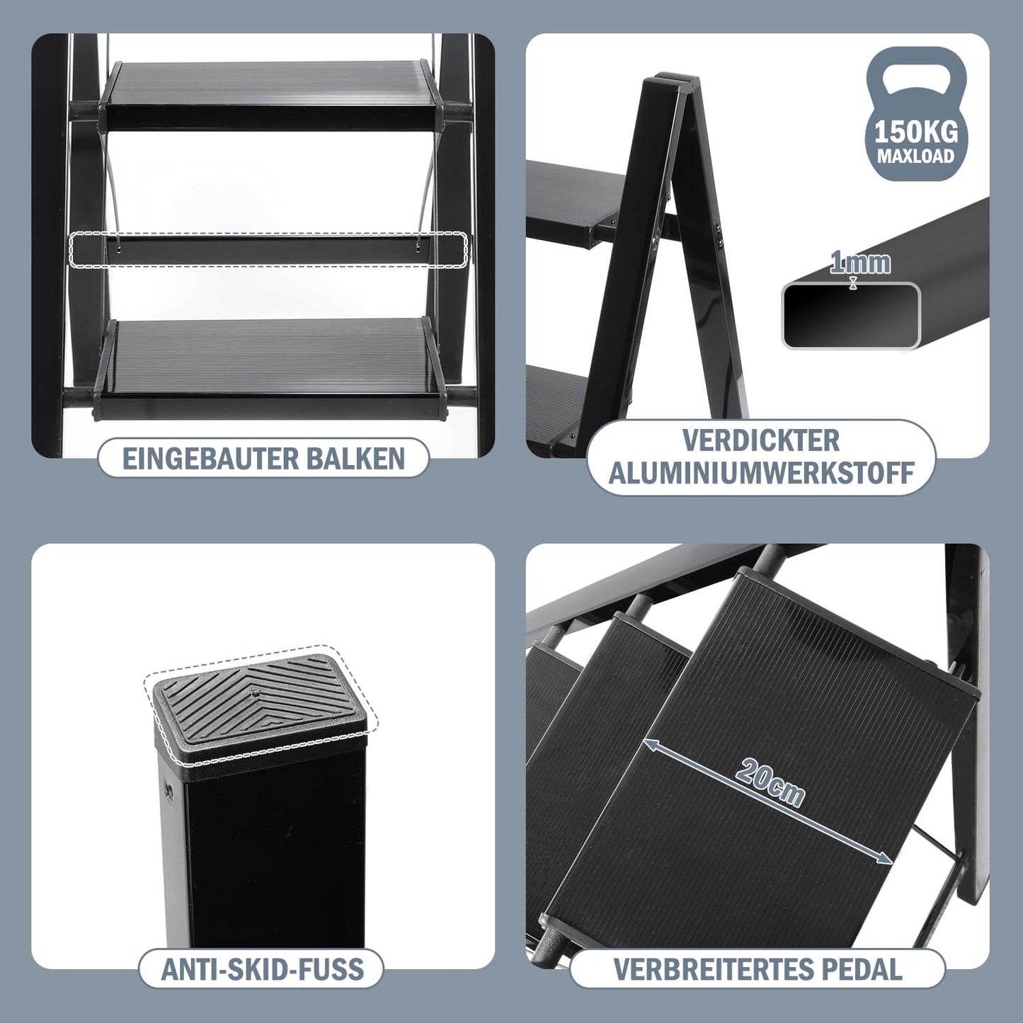 Owlstep Folding 2-Step Ladder, Lightweight Foldable Step Stool, Aluminum Footstool, Non-Slip Ladder with Folding Lock, Household Kitchen Step Ladder, Load Capacity up to 150kg, Black
