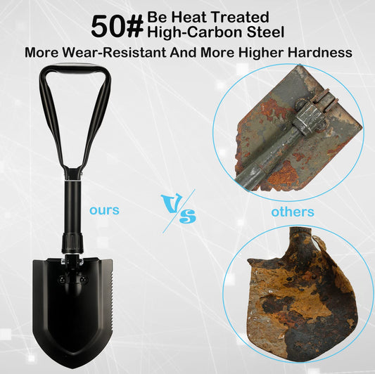 Folding spade 58cm, Foldable snow shovel, 50# Folding spade Camping High-strength Extra-sturdy shovel Made of Carbon Steel With Carrying Bag, FOR Outdoor Hiking Hunting Car Emergency Gifts for Men