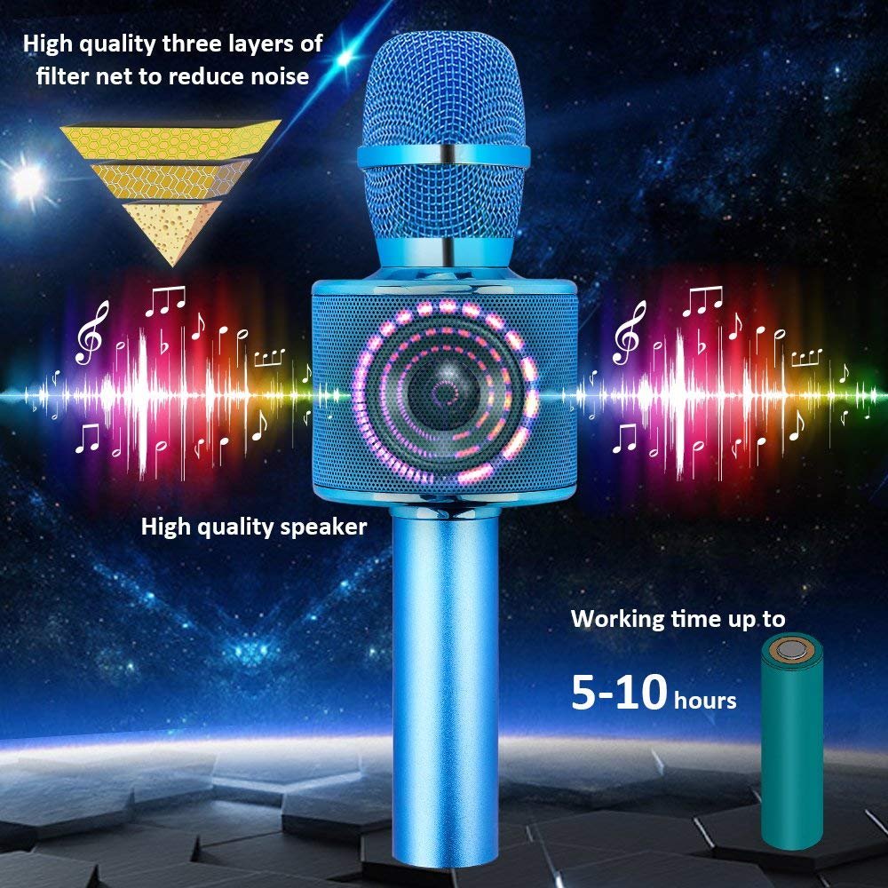 BONAOK Bluetooth Karaoke Microphone Wireless, Karaoke Microphone Echo, Home Party Microphone for Kids with Recording Function, Ideal for Music Playback and Singing, KTV, for iOS/Android/Smartphone (Blue)