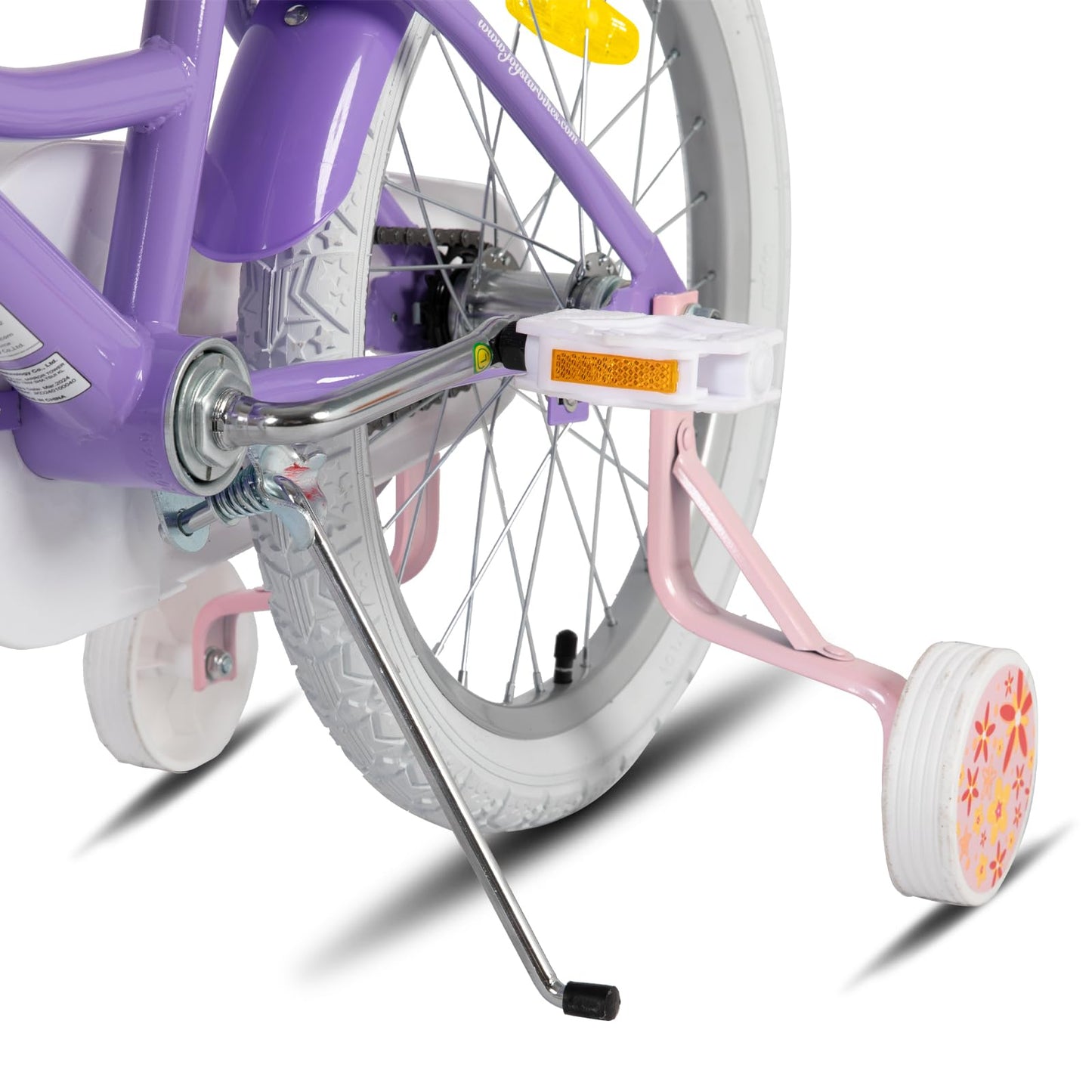 JOYSTAR Unicorn 18-inch kids bike for 6-9 year old girls, bike with doll seat & training wheels & basket streamer, bright purple.