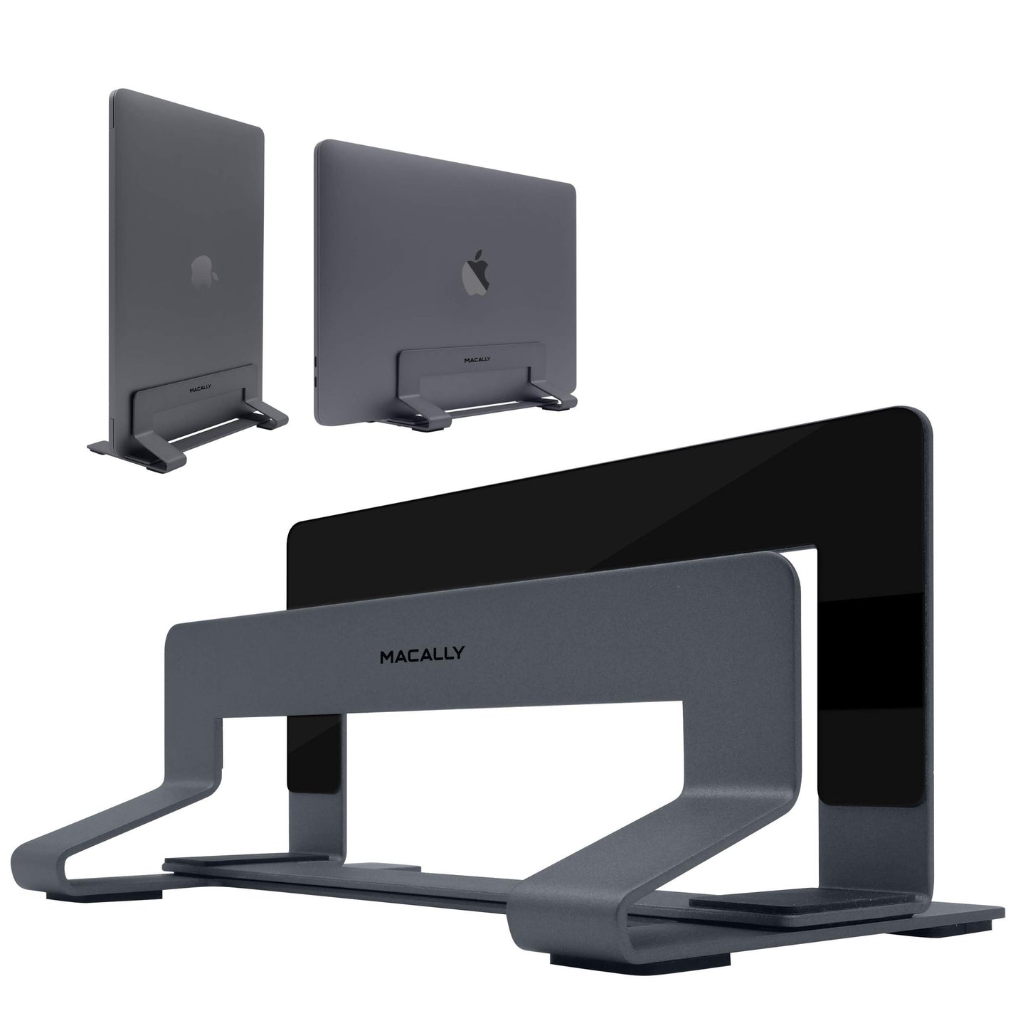 Macally Vertical Laptop Stand frees up desk space and adjusts to fit various laptops such as Apple MacBook, Asus Chromebook Flip, Samsung Notebook 9, Lenovo ThinkPad, Dell XPS, and Acer Switch.