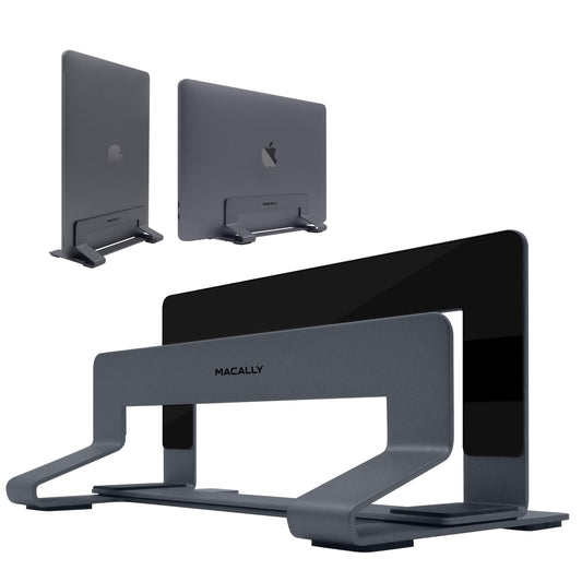 Macally Vertical Laptop Stand frees up desk space and adjusts to fit various laptops such as Apple MacBook, Asus Chromebook Flip, Samsung Notebook 9, Lenovo ThinkPad, Dell XPS, and Acer Switch.