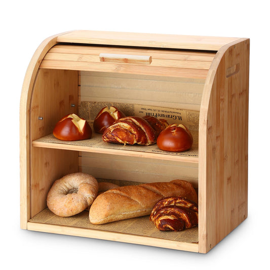 G.a HOMEFAVOR Bamboo Bread Box 2-Tier Bread Holder Roll-Top Bread Storage with Removable Layer, Self-assembly, 38x25x34cm