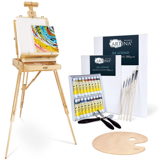 Artina 30-piece easel set Madrid - portable easel with XXL acrylic canvas painting set - field easel with 90° tilt - wooden easel set with 18 acrylic paints, 2 stretcher frames, brushes, and painting spatulas.