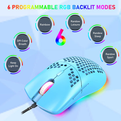 60% mechanical gaming keyboard, blue switch, mini-68 keys, wired, Type C, 18 backlight effects + lightweight optical RGB mouse with 6400 dpi, honeycomb mouse + large mousepad - Blue