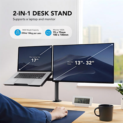 HUANUO monitor mount with laptop arm, monitor laptop mount for 13-32 inch screen mount 1 monitor & 17 inch notebook, VESA 75/100.