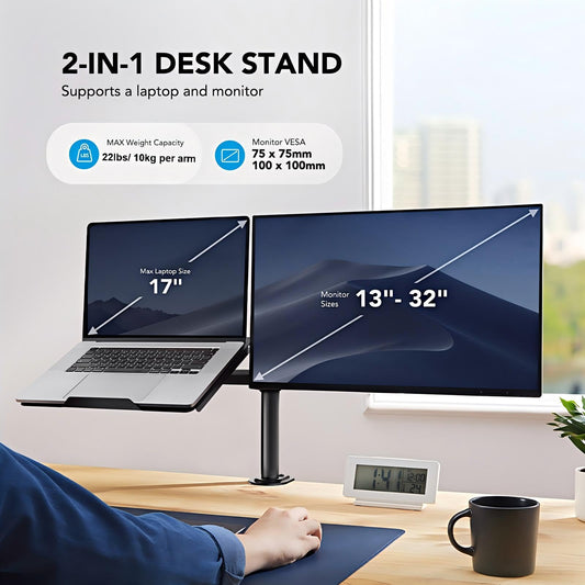 HUANUO monitor mount with laptop arm, monitor laptop mount for 13-32 inch screen mount 1 monitor & 17 inch notebook, VESA 75/100.