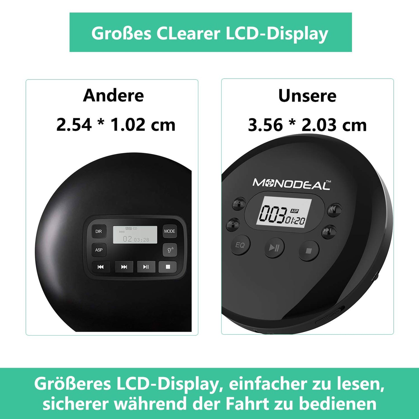 MONODEAL portable CD Player, rechargeable with headphones, Discman with LCD display, USB charging cable, AUX cable. Perfect for car, kids, students, adults.