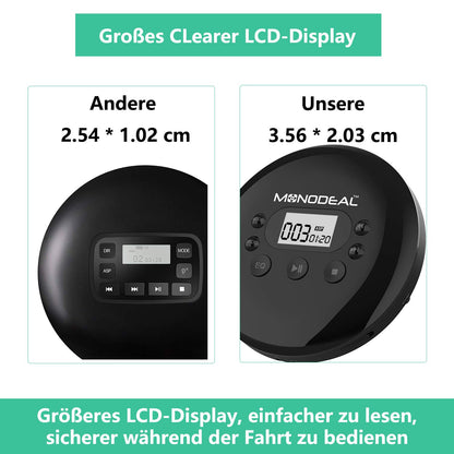 MONODEAL portable CD Player, rechargeable with headphones, Discman with LCD display, USB charging cable, AUX cable. Perfect for car, kids, students, adults.