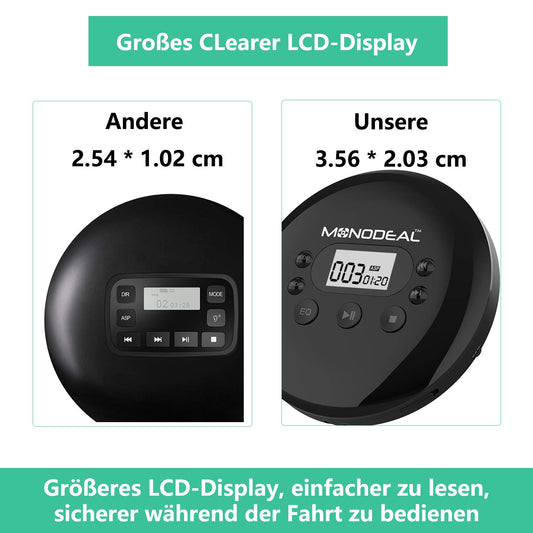 MONODEAL portable CD Player, rechargeable with headphones, Discman with LCD display, USB charging cable, AUX cable. Perfect for car, kids, students, adults.