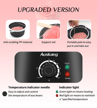 Ausang Wax Hair Removal Wax Warmer with Wax Beads (4X100g) and 20 Wooden Spatulas, Removable Inner Pot, Updated Waxing Hair Removal Set for Eyebrow/Face/Underarm/Bikini/Leg