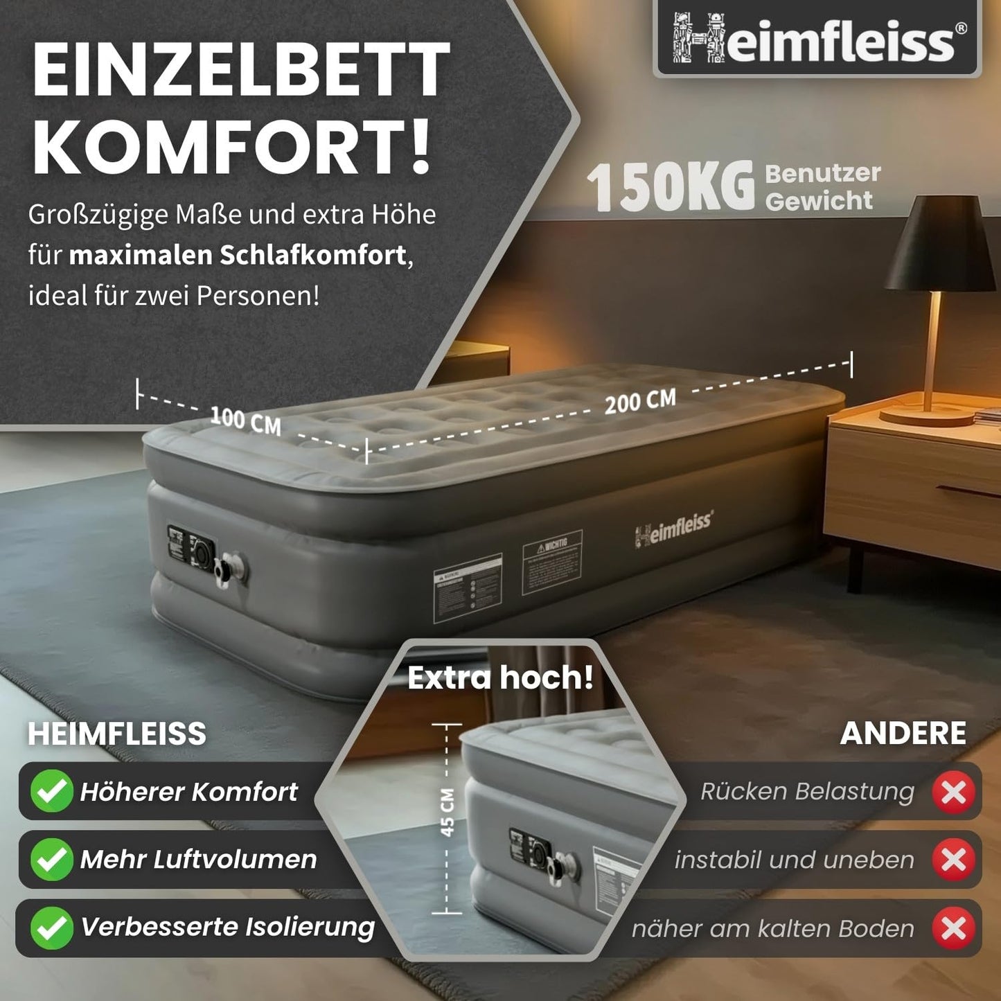 Home Bliss® air mattress for 1 person | Premium self-inflating air bed 100x200 cm | Quickly inflatable mattress perfect for guest bed & travel bed | Self-inflating camping air mattress + pump