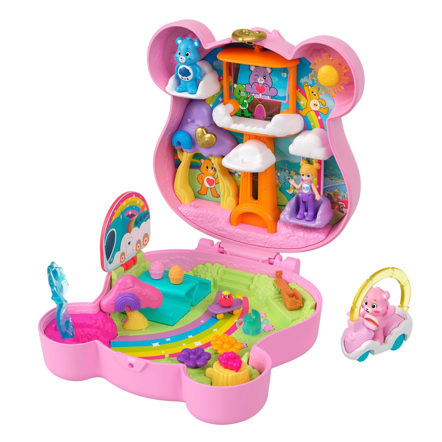 Polly Pocket x Care Bears dolls & playset with toy car and themed accessories, travel-friendly toy, Partnership Case, JCC14.