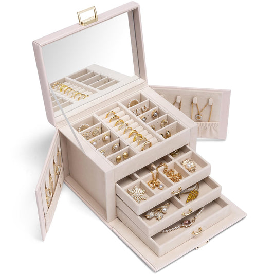 Vlando Jewelry Box Large with 4 layers, Jewelry Case PU Leather, Jewelry Box with Mirror and Drawers, Jewelry Organizers, Velvet lining, Beige