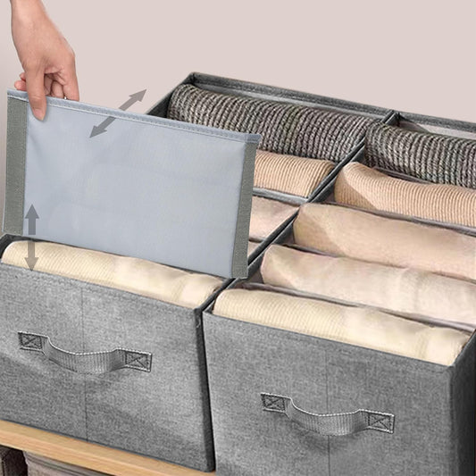 Hersvin closet clothes organizer 2 pieces foldable stackable jeans organizer each with 5 grids 4 adjustable removable partitions fabric wardrobe storage container for clothes.