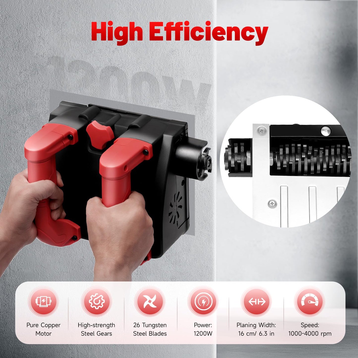 1200W Concrete grinder, 3000 R/min renovation grinder for plaster, mortar, screed, and gypsum walls. Includes transport case for easy storage and transport.