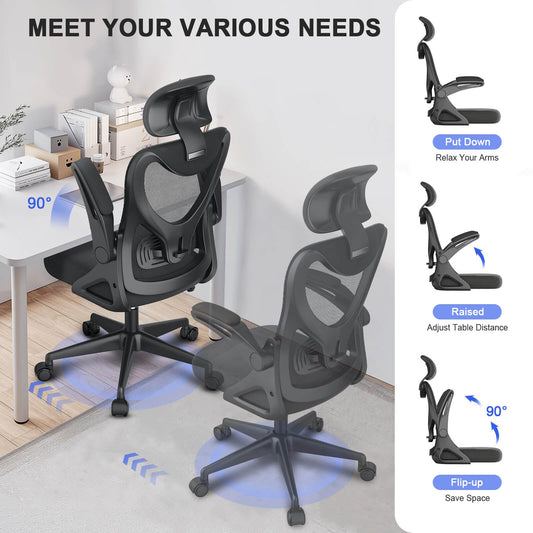BareTay Office Chair Ergonomic Desk Chair with Lumbar Support Headrest Adjustable Padded Flip-up Armrests Comfortable Seat Cushion Mesh Office Chair High-back Task Chair