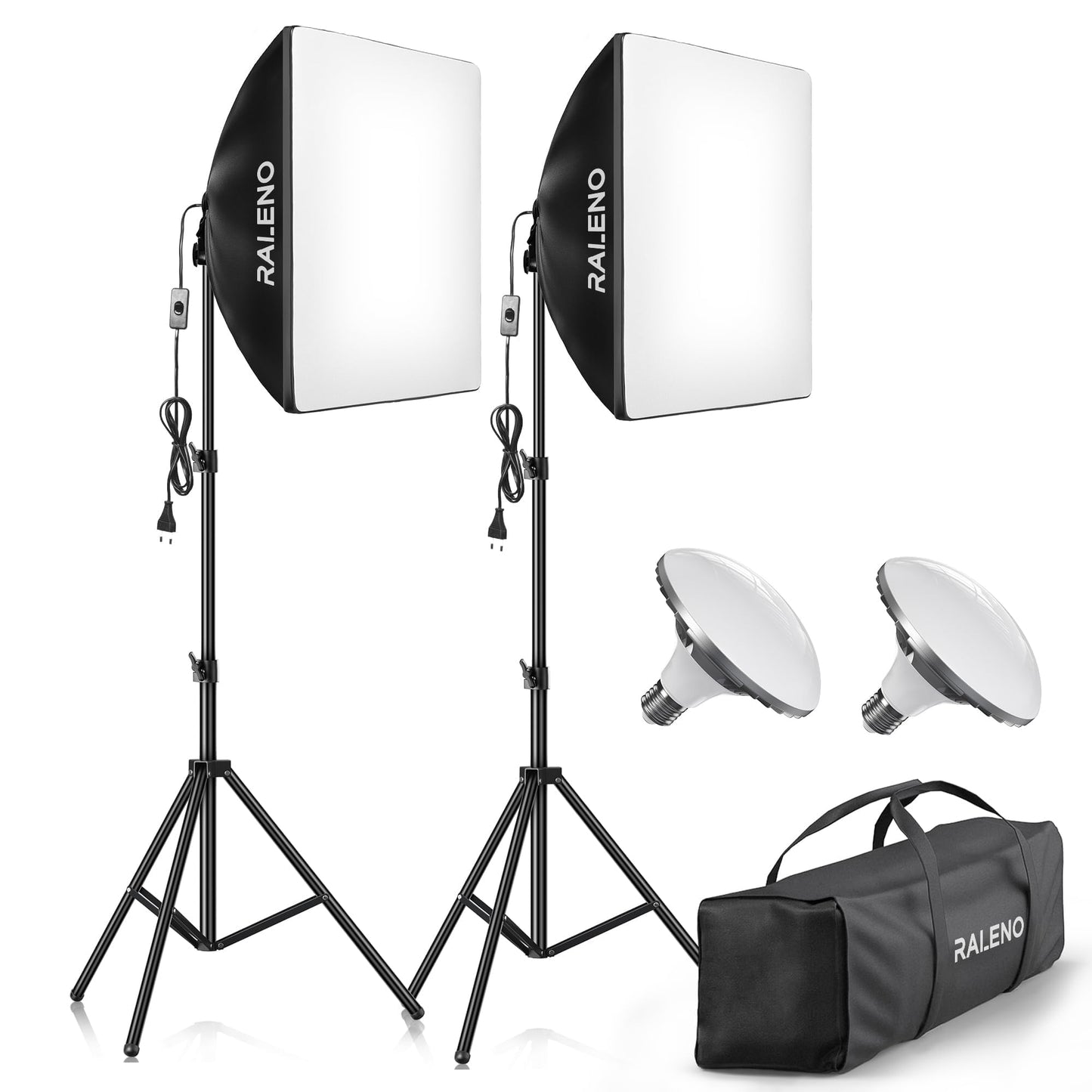 RALENO Softboxes, 2 x 50W LED Softbox Photo Studio Set, 2 x 50 x 50 cm Photo Light with 5500K Bulb and Stand for Portrait Photography, Game Streaming, YouTube Video Photography