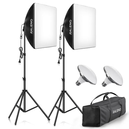 RALENO Softboxes, 2 x 50W LED Softbox Photo Studio Set, 2 x 50 x 50 cm Photo Light with 5500K Bulb and Stand for Portrait Photography, Game Streaming, YouTube Video Photography