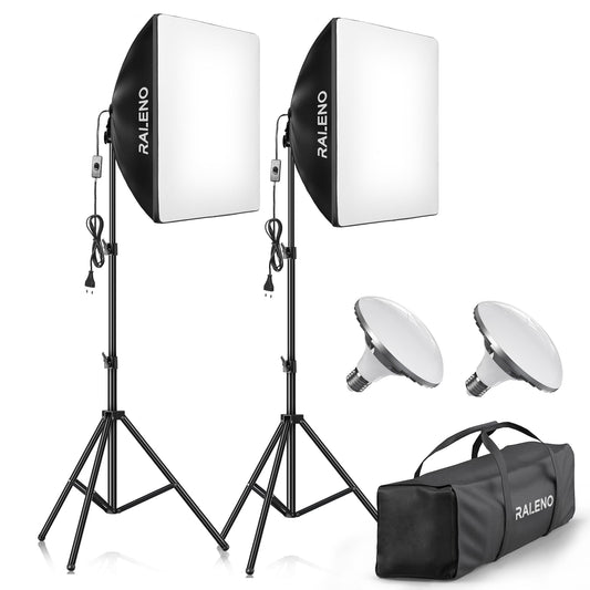 RALENO Softboxes, 2 x 50W LED Softbox Photo Studio Set, 2 x 50 x 50 cm Photo Light with 5500K Bulb and Stand for Portrait Photography, Game Streaming, YouTube Video Photography
