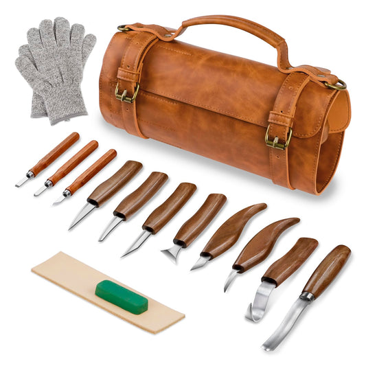 TEKCHIC Carving Knife, Deluxe Carving Tool Set, Carving Set for Beginners, Wood Carving Woodworking Tool Set with Large Leather Case