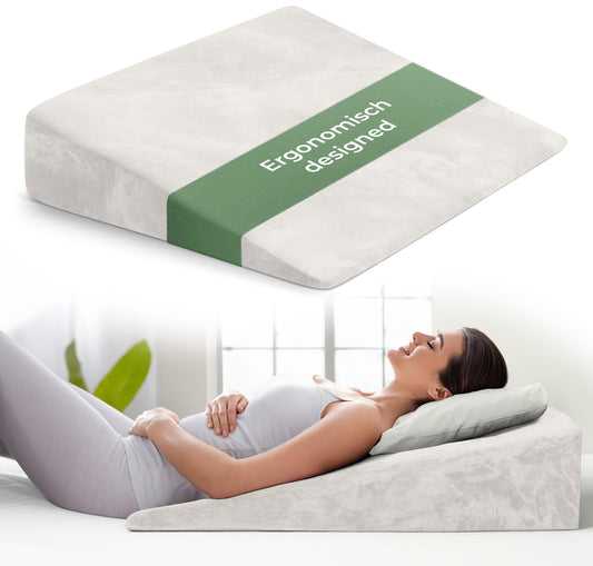 Wedge pillow for bed and couch, mattress wedge, reflux pillow [with 2 lying zones], reading pillow for sleep elevation, back pillow as bed headboard, bed riser, lumbar support pillow, leg pillow or vein pillow.