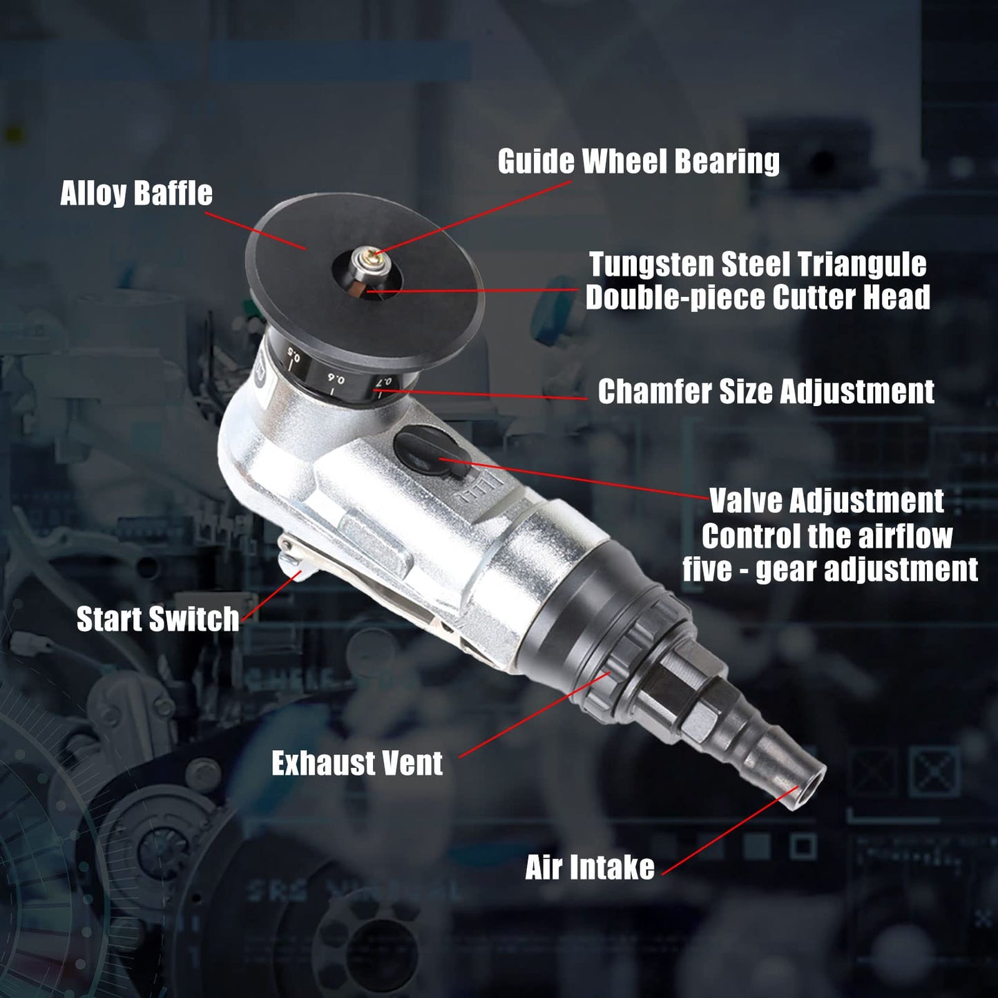 Pneumatic chamfering machine, mini handheld chamfering machine 45 degrees manual linear pneumatic chamfering trimming curved air tool with 1/4 inch air inlet for deburring.