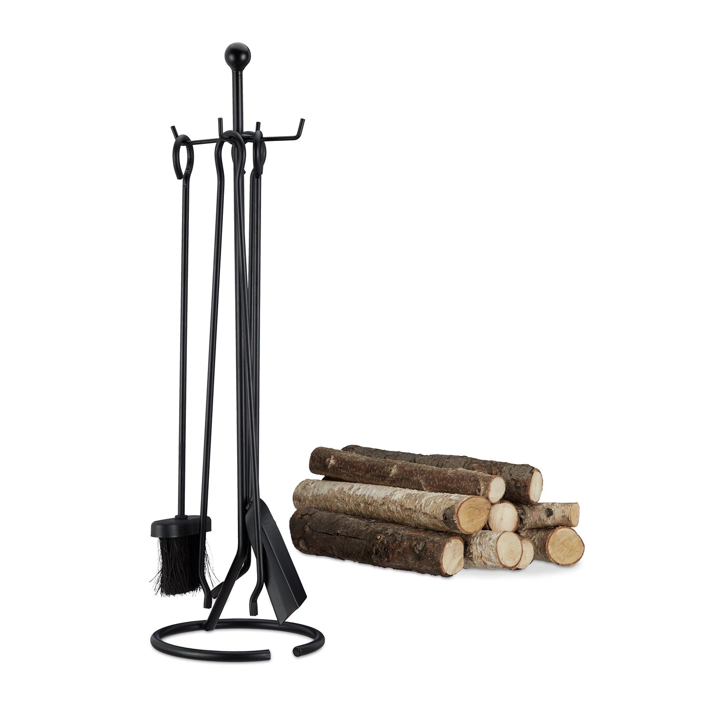 Relaxdays 5-piece fireplace tool set, fireplace accessory for hanging, with shovel, brush, poker, tongs, and holder, black, 68 x 20 x 20 cm.