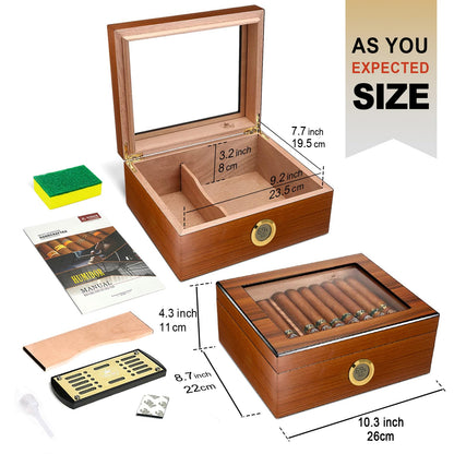 Slege Cigars Humidor, Humidor Cigars Spanish Cedar, with Digital Hygrometer, INOX Cigars Humidifier, Divider, Cuban Cigars Accessories, Gift for Men, German Manual (Brown)