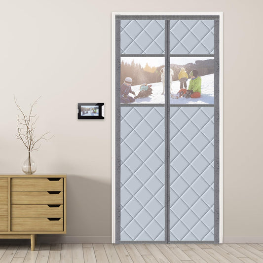 Magnetic thermal door curtain 90x210cm, no-drill thermo curtain for cold and heat protection. Waterproof, windproof, pet-friendly with a transparent window.