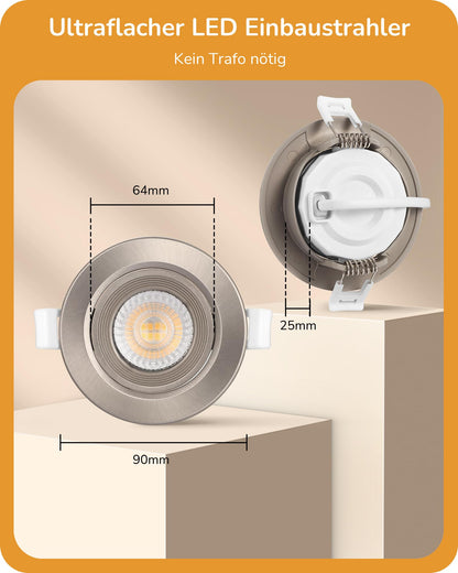 EDISHINE LED Recessed Lights 230V, Flat Dimmable LED Spots, 64mm Swiveling Recessed Lights, Warm White 3000K, 5W 400LM Recessed Lights, Replacement for 50W Halogen Lamp, Nickel Color, 10-Piece Set