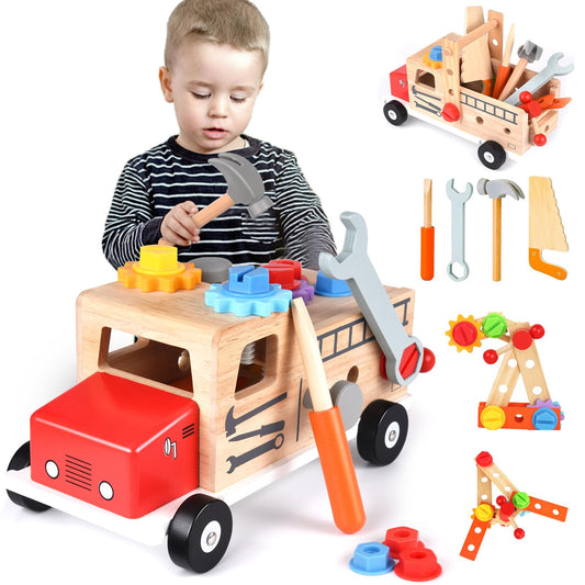 Toolbox for kids workbench, Montessori wooden toy kids toolset for ages 2 3 4, toy toolbox learning games tool kit kids tool cart gift boy girl 2 3 4 years.