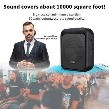 SHIDU Voice Amplifier Portable Bluetooth Speaker with wireless UHF Microphone Headset 10W 1800mAh PA System Supports MP3 audio for teachers, taxi drivers, coaches, trainers, tour guides.