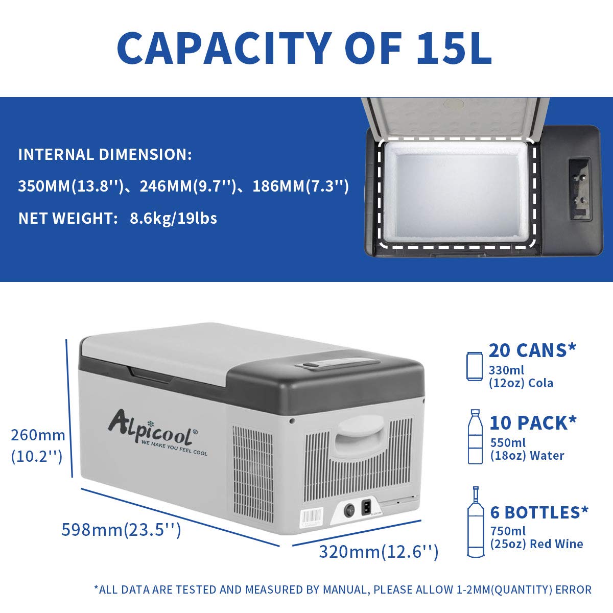 Alpicool C15 15L compressor cooler 12v mini fridge electric camping freezer small portable for car, truck, boat, RV with USB port, -20℃-20℃.