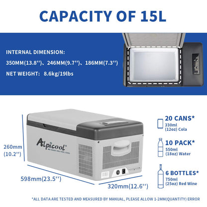 Alpicool C15 15L compressor cooler 12v mini fridge electric camping freezer small portable for car, truck, boat, RV with USB port, -20℃-20℃.