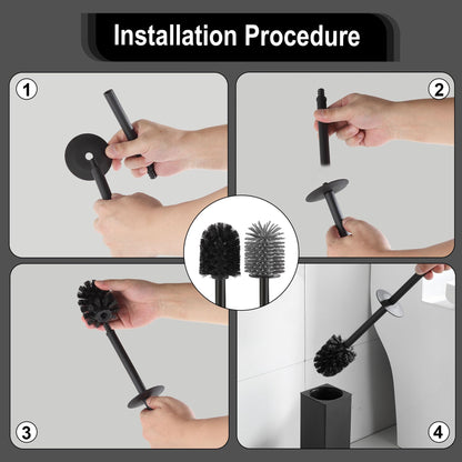BVL WC Brushes & Holder Black, 2 Piece Metal Toilet Brush Including 4 Brush Heads, Free-standing Square Silicone Toilet Brush for the Bathroom