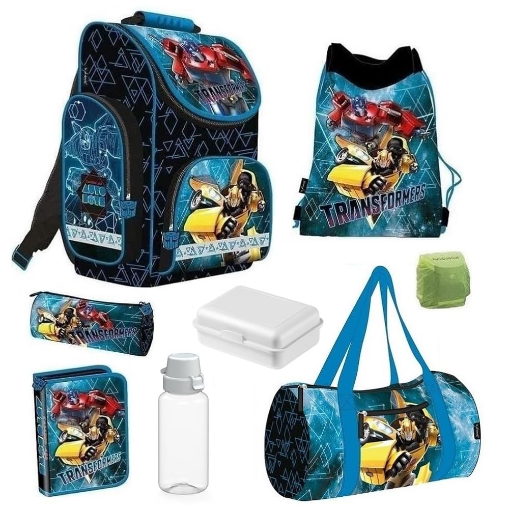 Familando Transformers school backpack set complete 8-piece with pencil case and gym bag, ergonomic school bag for boys and girls 1st to 4th grade.