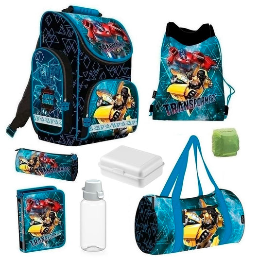 Familando Transformers school backpack set complete 8-piece with pencil case and gym bag, ergonomic school bag for boys and girls 1st to 4th grade.