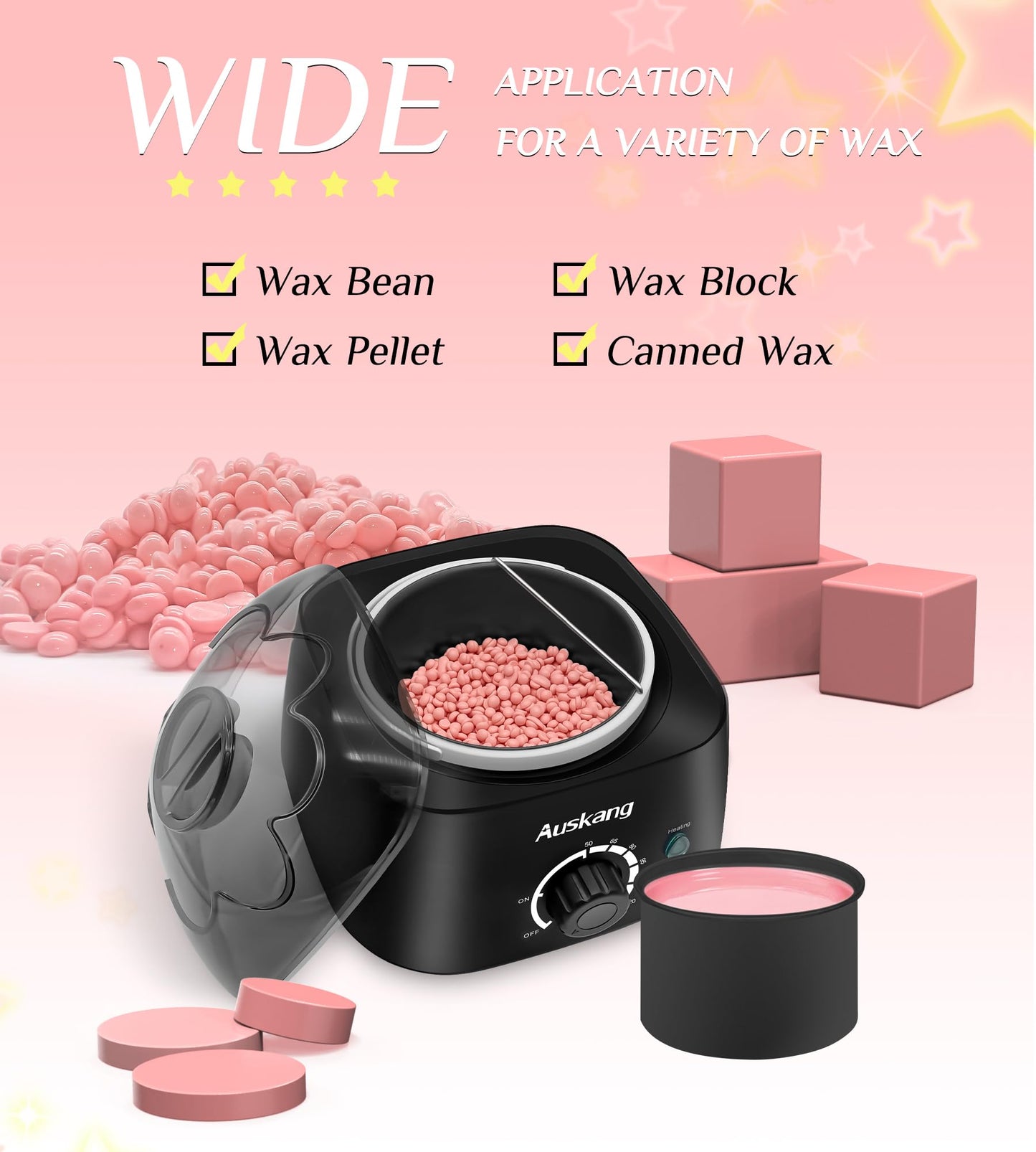 Ausang Wax Hair Removal Wax Warmer with Wax Beads (4X100g) and 20 Wooden Spatulas, Removable Inner Pot, Updated Waxing Hair Removal Set for Eyebrow/Face/Underarm/Bikini/Leg