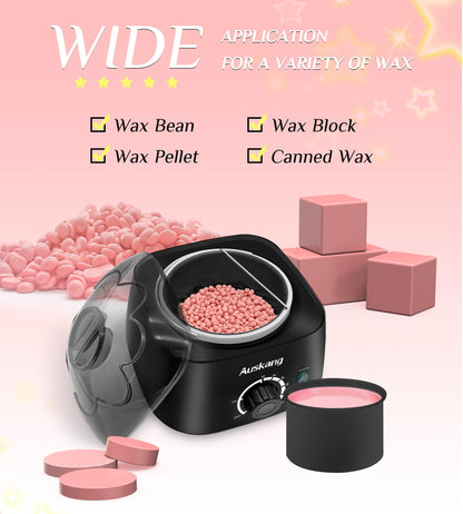 Ausang Wax Hair Removal Wax Warmer with Wax Beads (4X100g) and 20 Wooden Spatulas, Removable Inner Pot, Updated Waxing Hair Removal Set for Eyebrow/Face/Underarm/Bikini/Leg